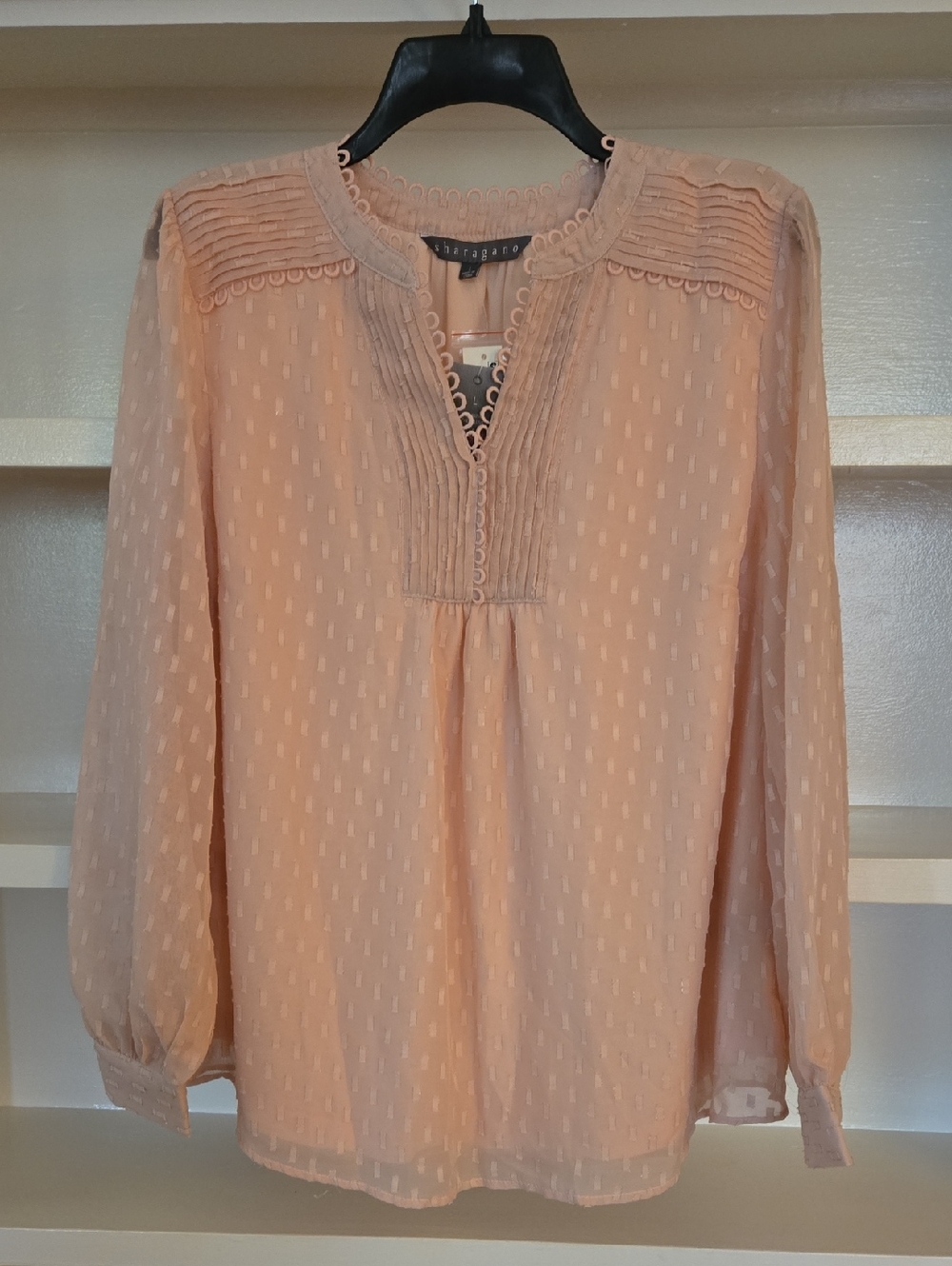 Sharagano Pale Peach Sheer Pintuck Blouse